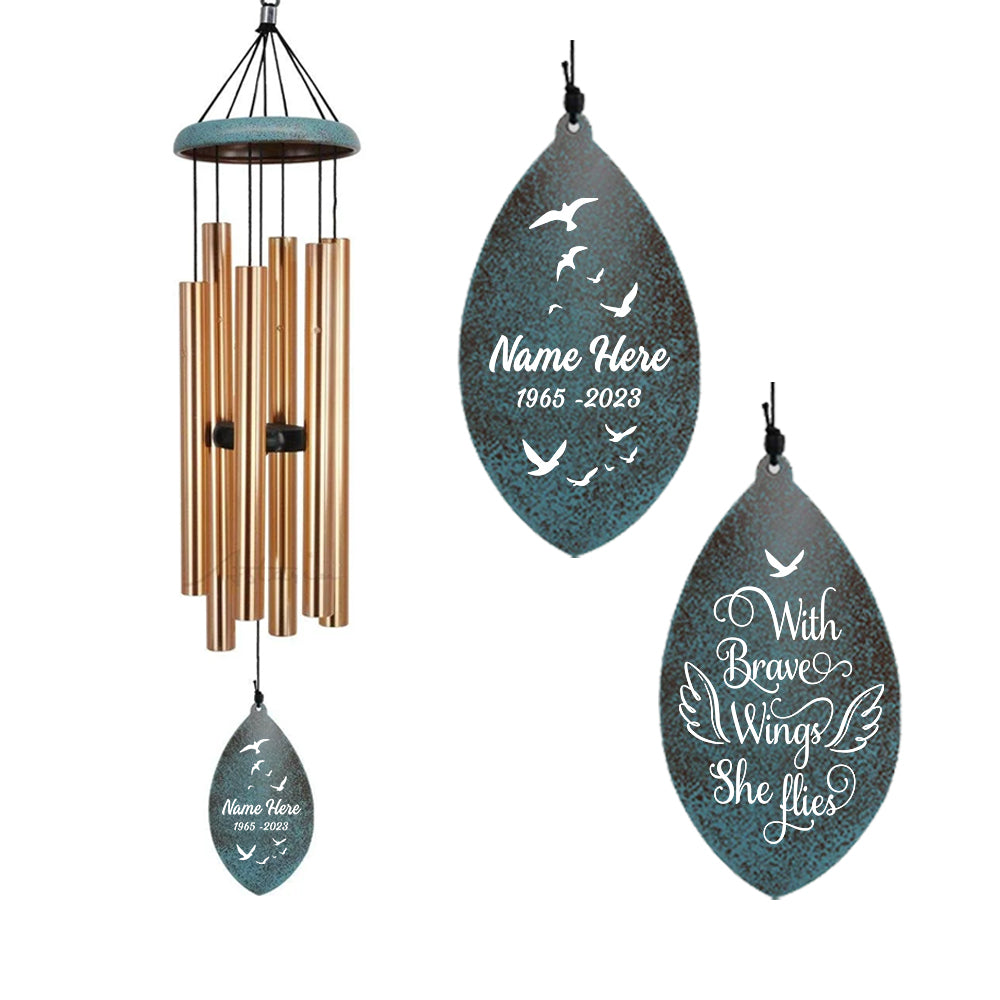 Personalized Memorial Wind Chimes-35 inch, 6 Tubes, Personalised Gift for Christmas, With Brave Wings She Flies