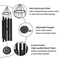 Personalized Memorial Wind Chimes-38 Inch,8 Tubes, Black-Metal Ring Style, Gift For Veteran