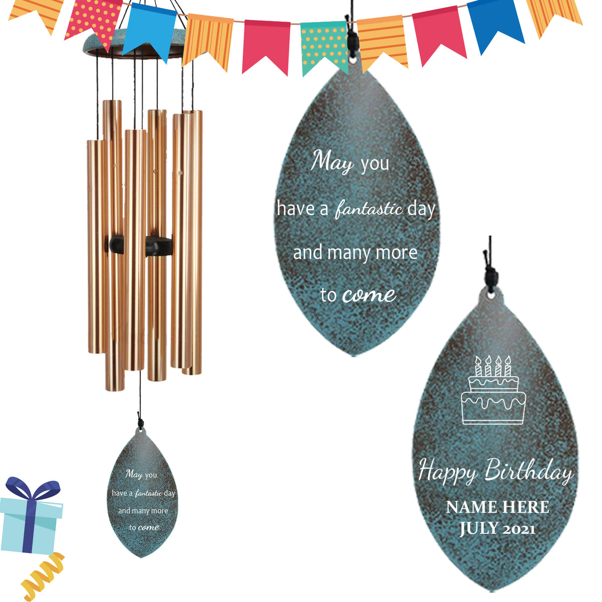 Personalized Birthday Gift Wind Chimes-35 inch, 6 Tubes, Golden/Black-Leaf Style