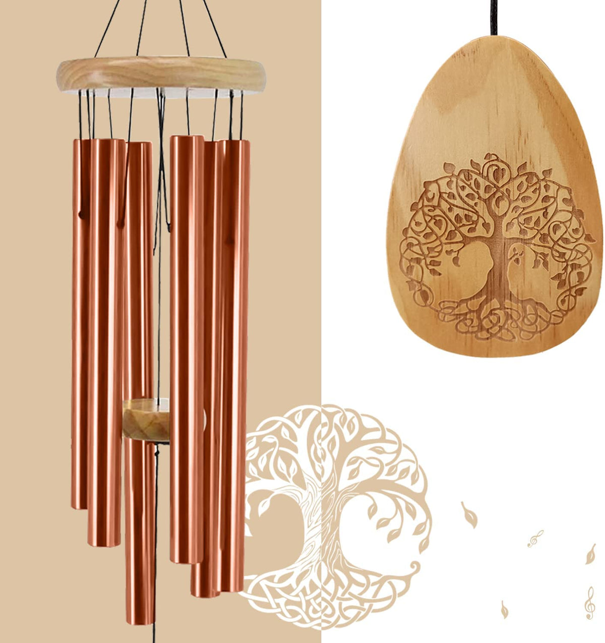 Pinewood 30 Inch Wind Chimes- Lifetree Drop Style -Copper