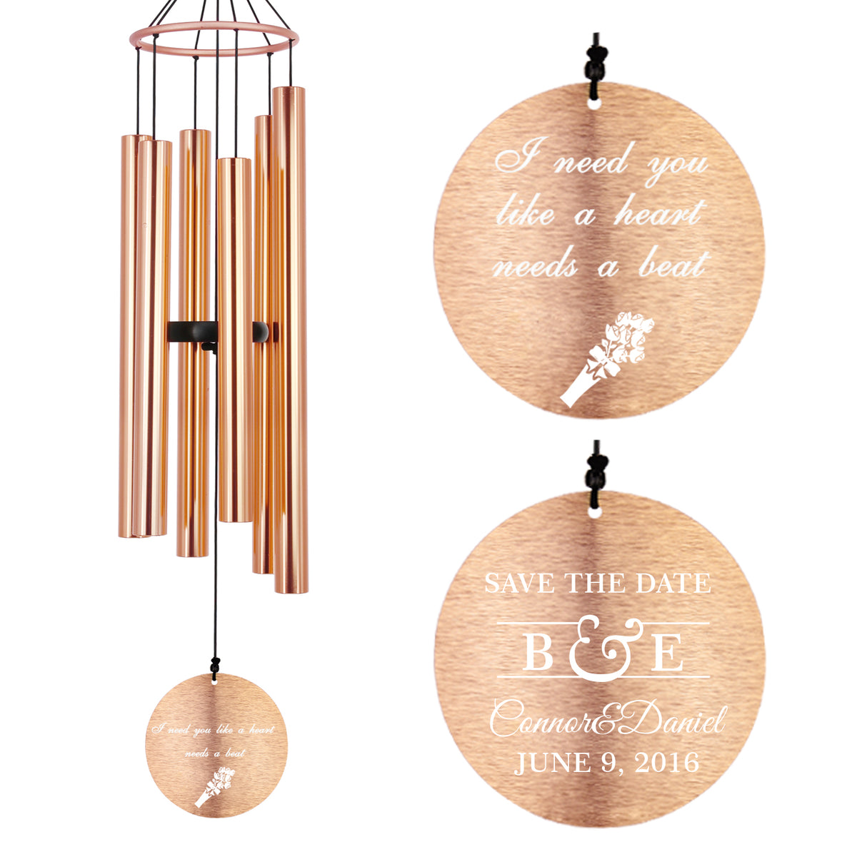 Personalized Wedding & Anniversary Wind Chimes-36/45 Inch, 6 Tubes, Rose Gold-Metal Ring Series, Design E