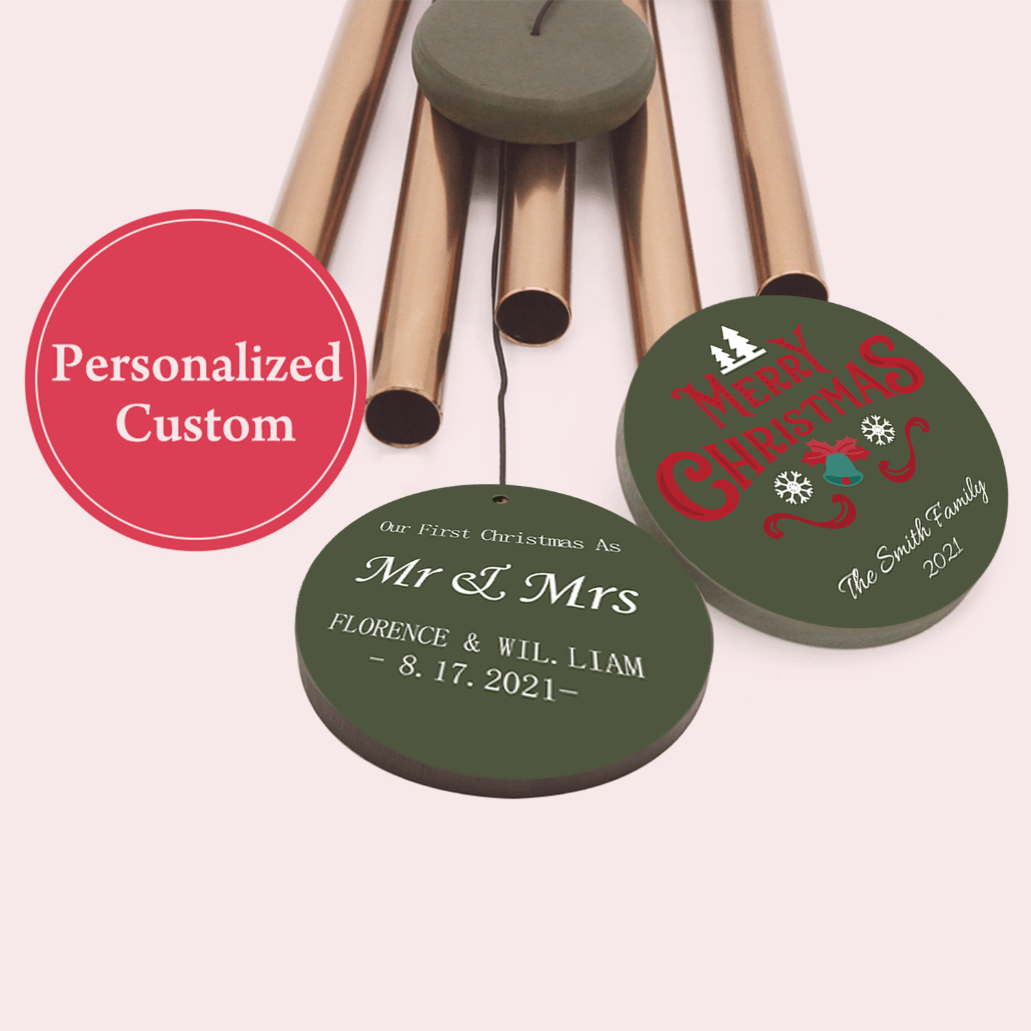 Personalized Christmas Wind Chimes-36 Inch, 5 Tubes, Gold-Disc Top,Christmas Gift