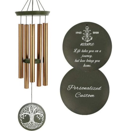Personalized Memorial Wind chimes-36 Inch, 5 Tubes, Gold-Life Tree Design A