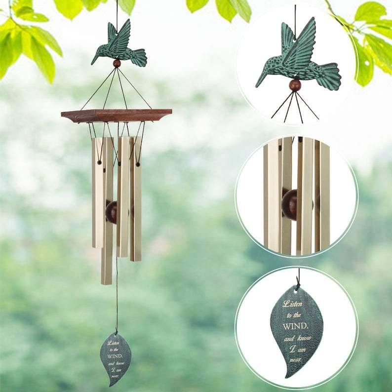 Personalized Memorial Wind Chimes-25 Inch, 4 Tubes, Bronze-Hummingbird Style A