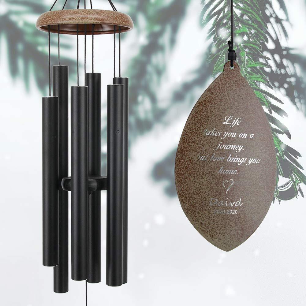 Personalized Memorial Wind Chimes-35 inch, 5 Tubes, Black-Leaf Style B
