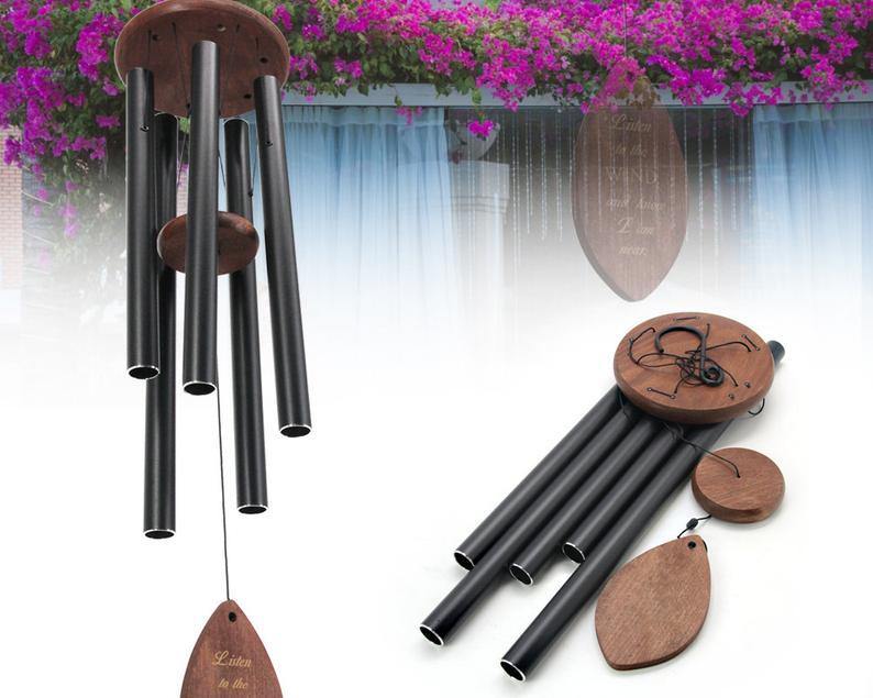 Personalized Memorial Wind Chimes-36 Inch, 5 Tubes, Black-Beech Wood Leaf
