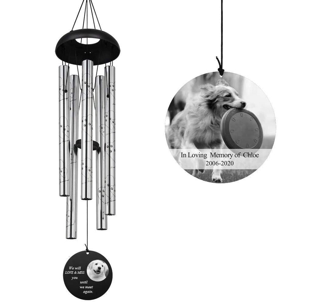 Personalized Pet Memorial Wind Chimes-30 Inch, 5 Tubes, Silver-Custom Photo