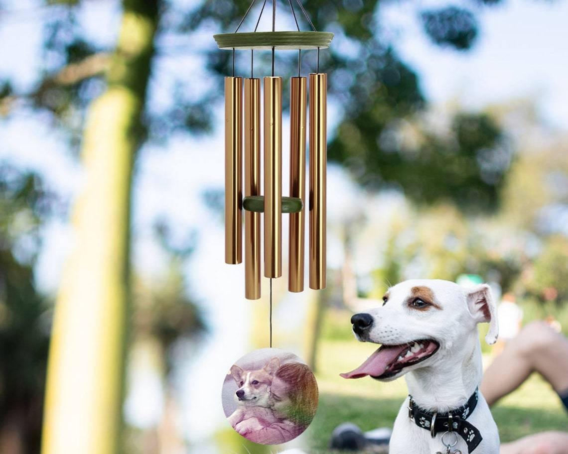 Personalized Pet Memorial Wind Chimes-36 Inch, 5 Tubes, Rose Gold-Wood Disc, Custom Photo