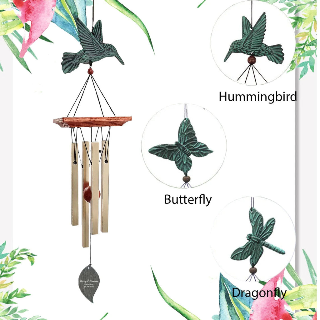 Personalized Retirement Gift Wind Chimes-25 Inch, 4 Tubes, Bronze-Butterfly/Hummingbird/Dragonfly Style - Astarin