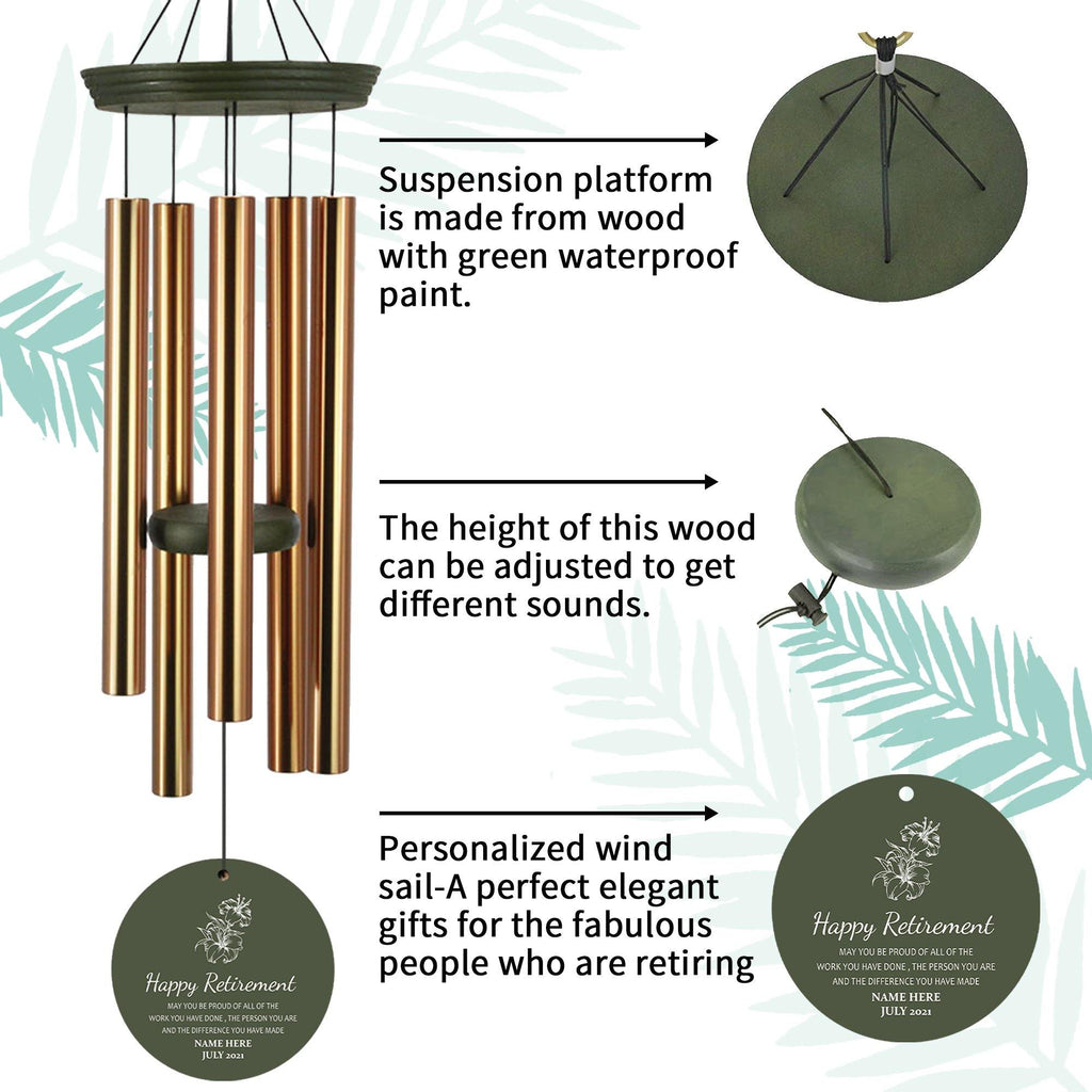 Personalized Retirement Gift Wind Chimes-36 Inch, 5 Tubes, Gold-Disc Top Style