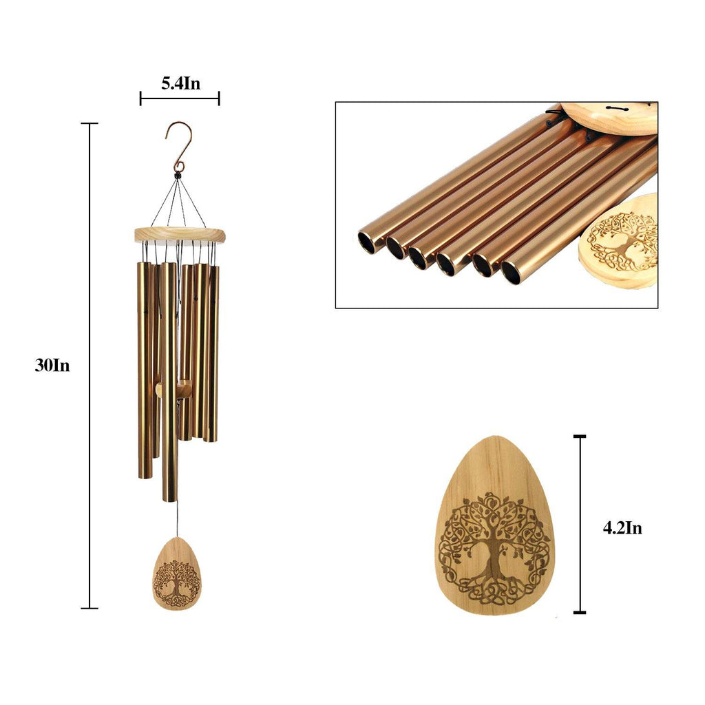 Pinewood 30 Inch Wind Chimes with Lifetree Drop Style Windcatcher, Gold