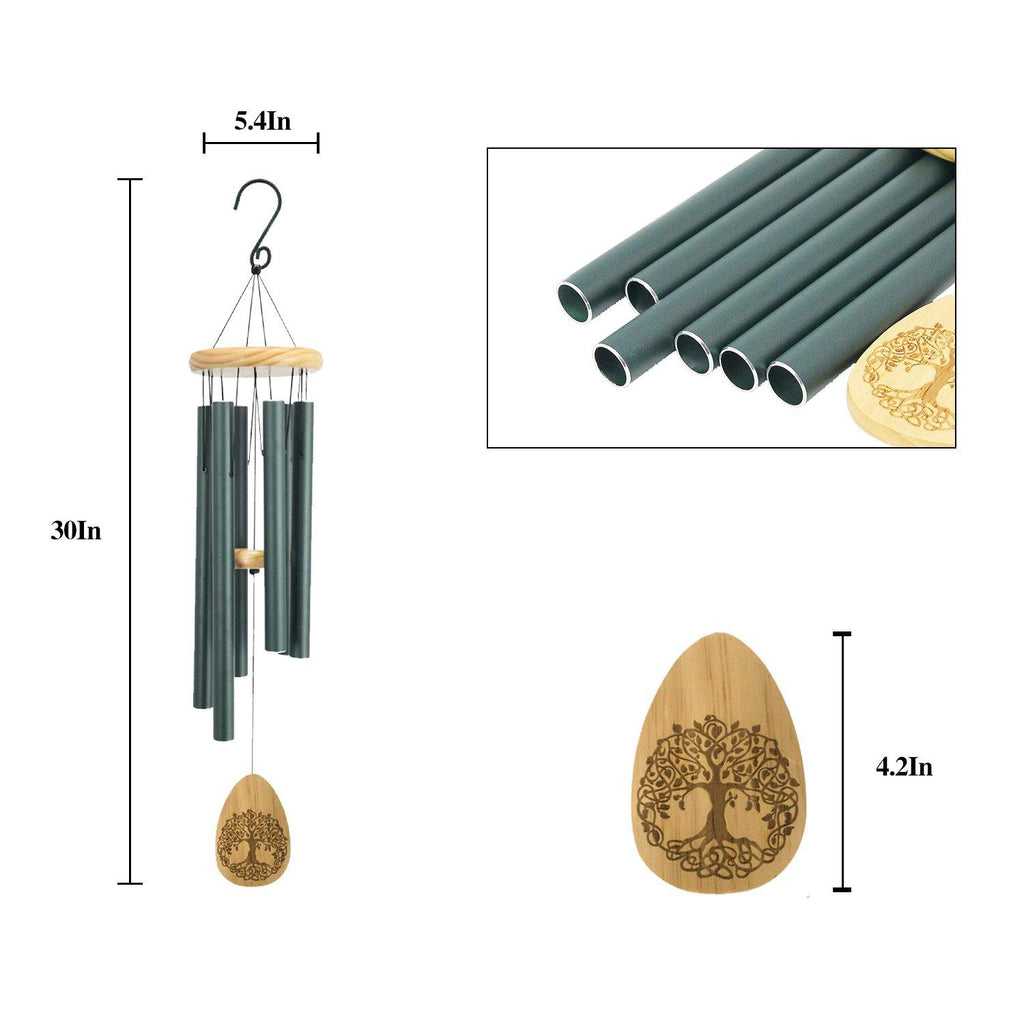 Pinewood 30 Inch Wind Chimes with Lifetree Drop Style Windcatcher, Green