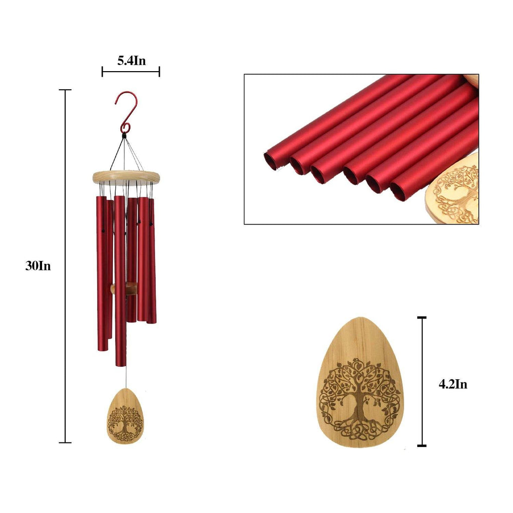 Pinewood 30 Inch Wind Chimes with Lifetree Drop Style Windcatcher, Red